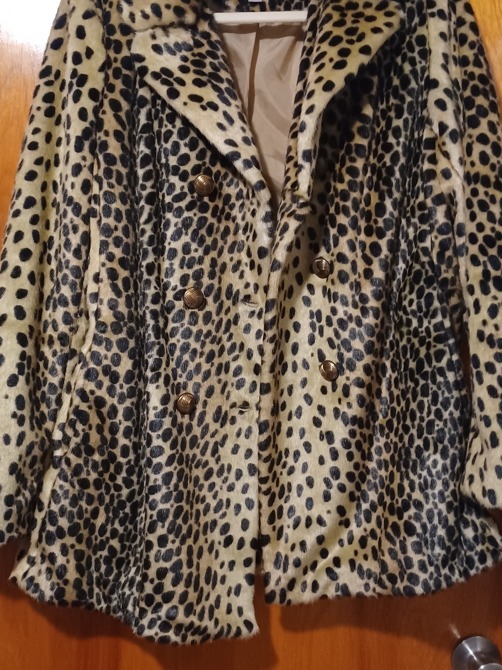 Women's Leopard Print Faux Fur Peacoat - Black & Cream